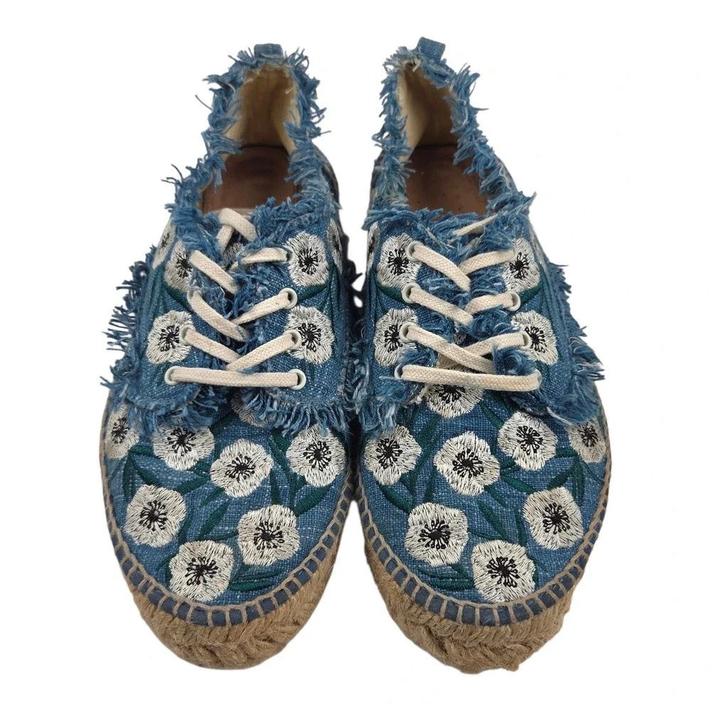 Made in Spain Espadrille Platform Sneakers Blue Floral Embroidered Frayed 7.5/38